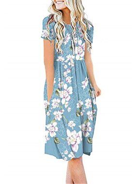 Women Summer Casual Short Sleeve Empire Waist Dress with Pockets Light Blue Boho